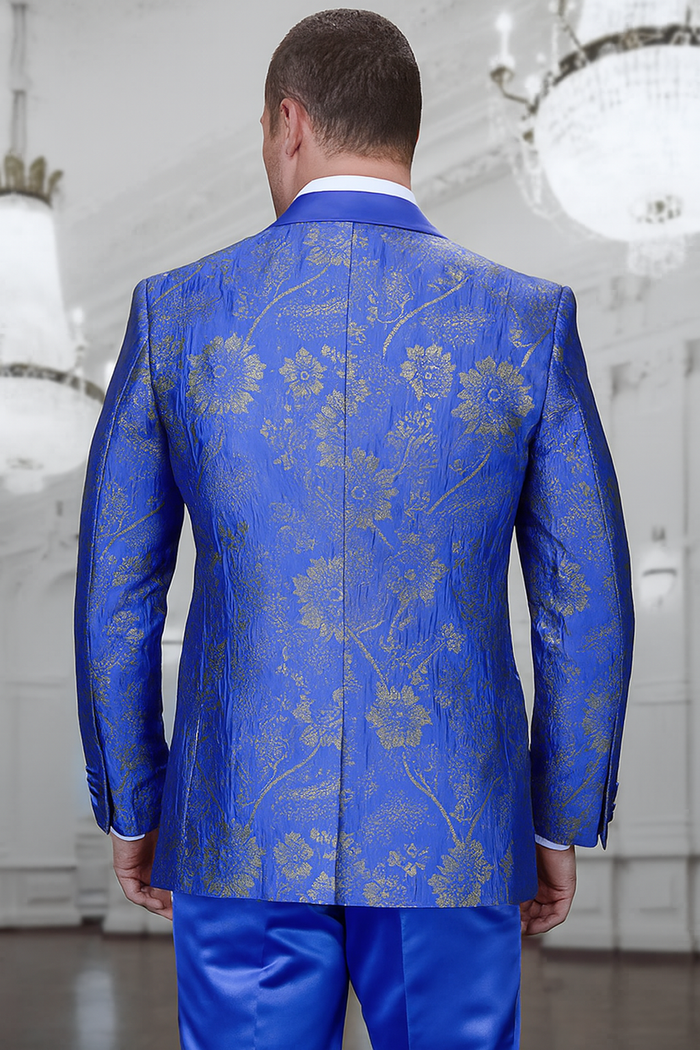 Men's royal blue paisley lace print tuxedo with double breasted vest - prom & wedding suit USA Men's Outlet