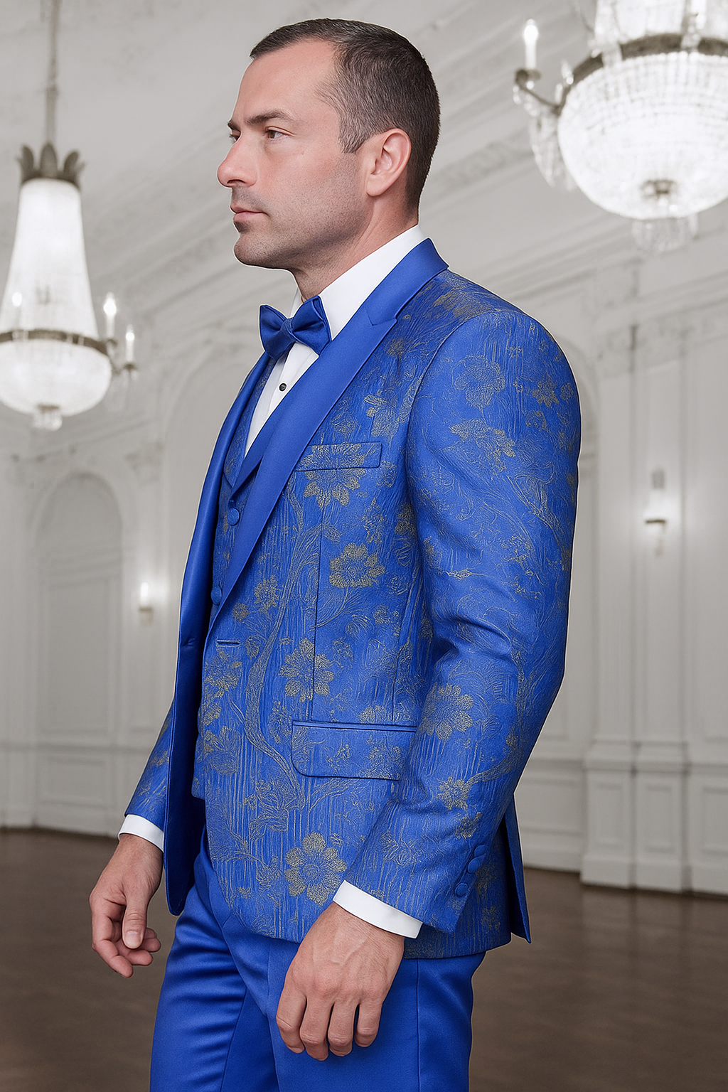 Men's royal blue paisley lace print tuxedo with double breasted vest - prom & wedding suit USA Men's Outlet