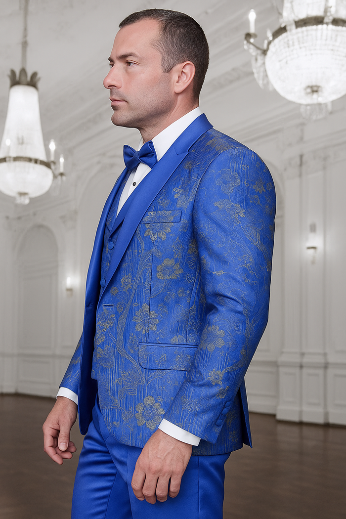Men's royal blue paisley lace print tuxedo with double breasted vest - prom & wedding suit USA Men's Outlet