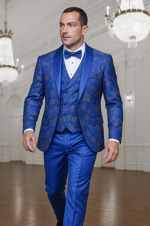 Men's royal blue paisley lace print tuxedo with double breasted vest - prom & wedding suit USA Men's Outlet