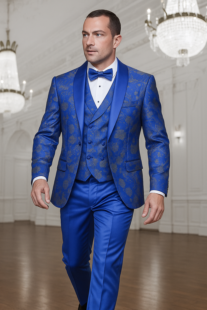 Men's royal blue paisley lace print tuxedo with double breasted vest - prom & wedding suit USA Men's Outlet