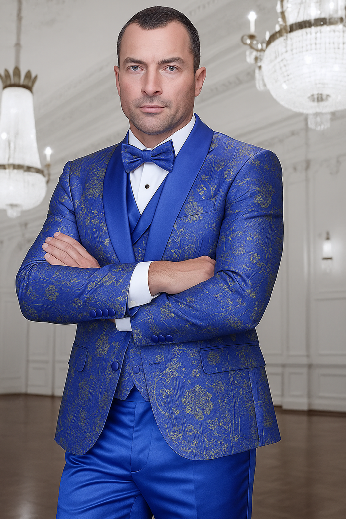 Men's royal blue paisley lace print tuxedo with double breasted vest - prom & wedding suit USA Men's Outlet