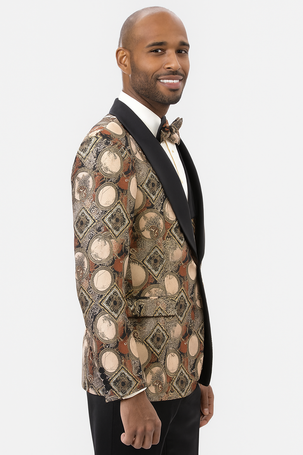 Men's Rust Geometric Pattern Tuxedo with Vest & Bowtie – One Button Formal Suit
