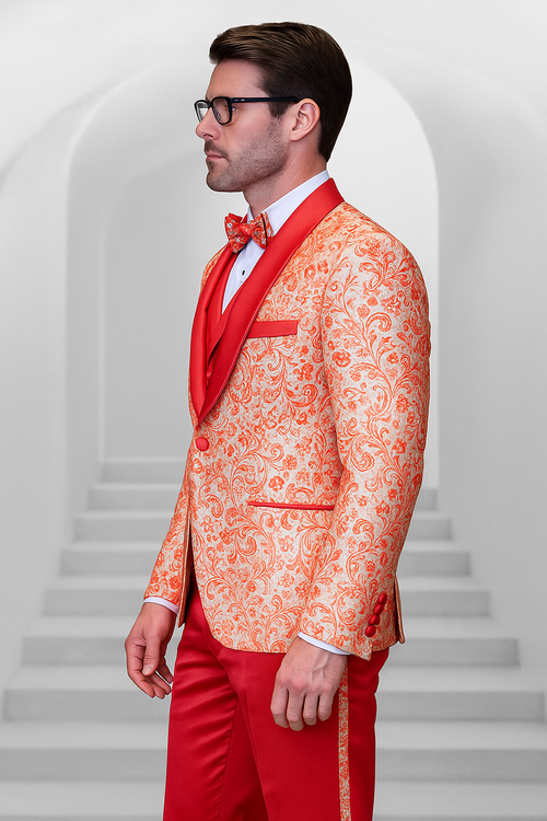 Coral Orange Men's Shiny Paisley Wedding Tuxedo with Double Breasted Vest & Satin Pants