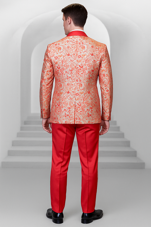 Coral Orange Men's Shiny Paisley Wedding Tuxedo with Double Breasted Vest & Satin Pants