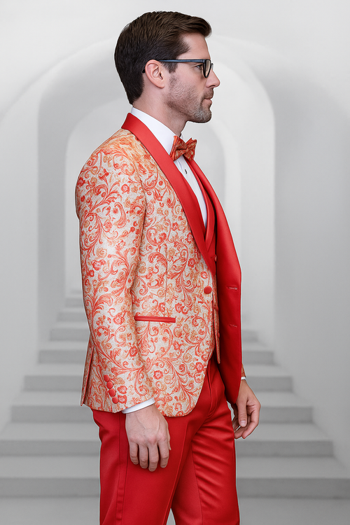 Coral Orange Men's Shiny Paisley Wedding Tuxedo with Double Breasted Vest & Satin Pants