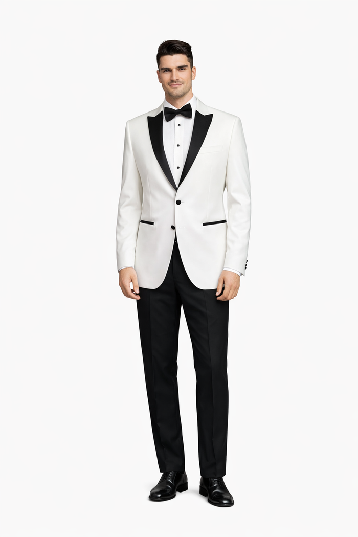 Men's White 1 Button Peak Tuxedo Jacket with Black Lapel