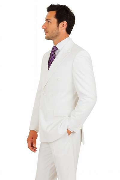 Mens Classic Double Breasted Poplin White Suit