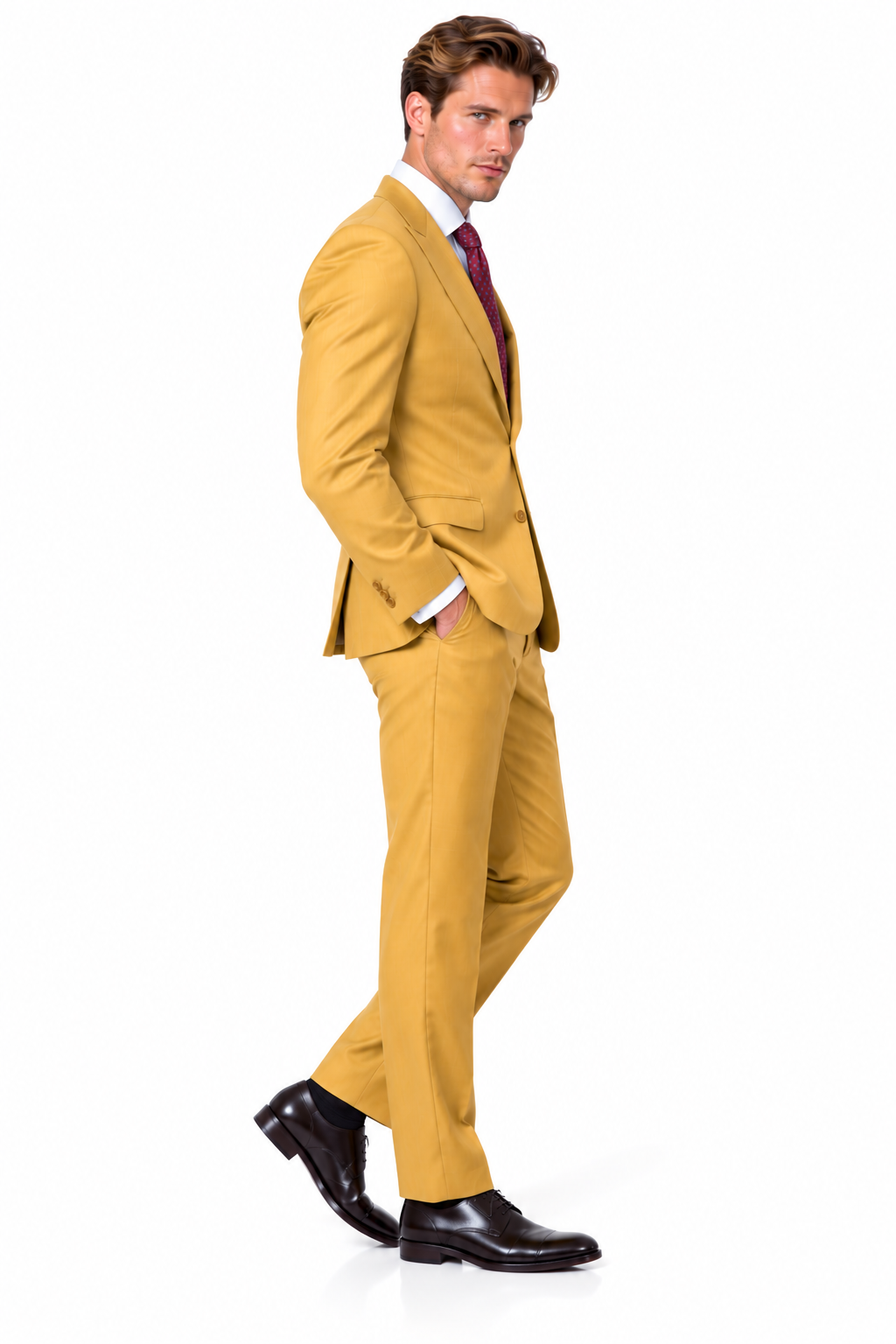 Statement Men's Modern Fit 2 Piece 100% Super 200 Wool Suit Peak Lapel in Chestnut - image 1