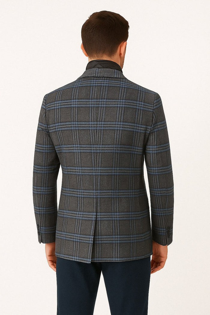 Men’s Blue & Grey Checkered Wool Blazer with Quilted Inner Layer - Alberto Nardoni Collection USA Men's Outlet