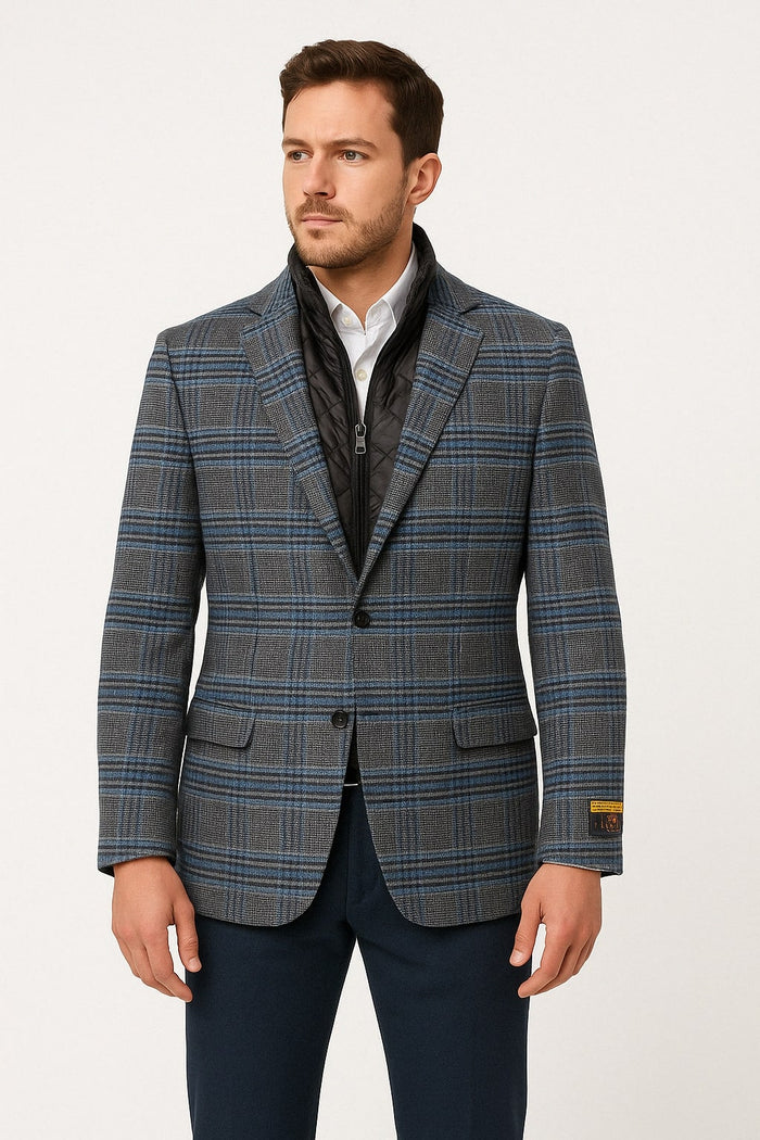 Men’s Blue & Grey Checkered Wool Blazer with Quilted Inner Layer - Alberto Nardoni Collection USA Men's Outlet