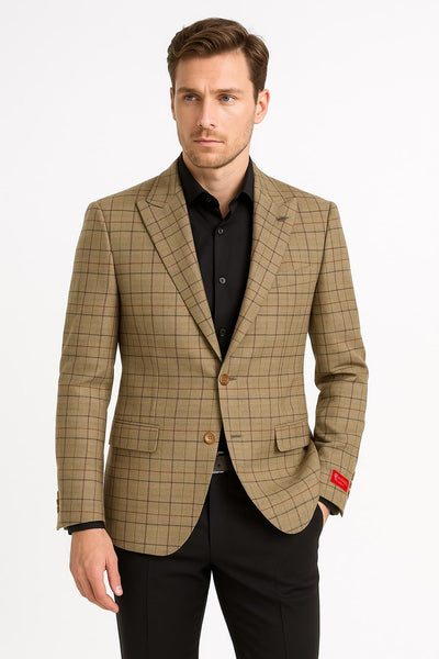 Men's Tan Plaid Blazer – Windowpane Checkered Taupe Colar with Conservative burgunsih Pattern Mix Perfect For Business