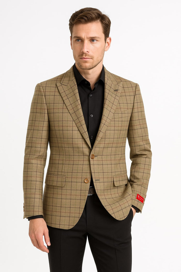 Men's Tan Plaid Blazer - Windowpane Checkered Taupe Colar with Conservative burgunsih Pattern Mix Perfect For Business by USA Men's Outlet