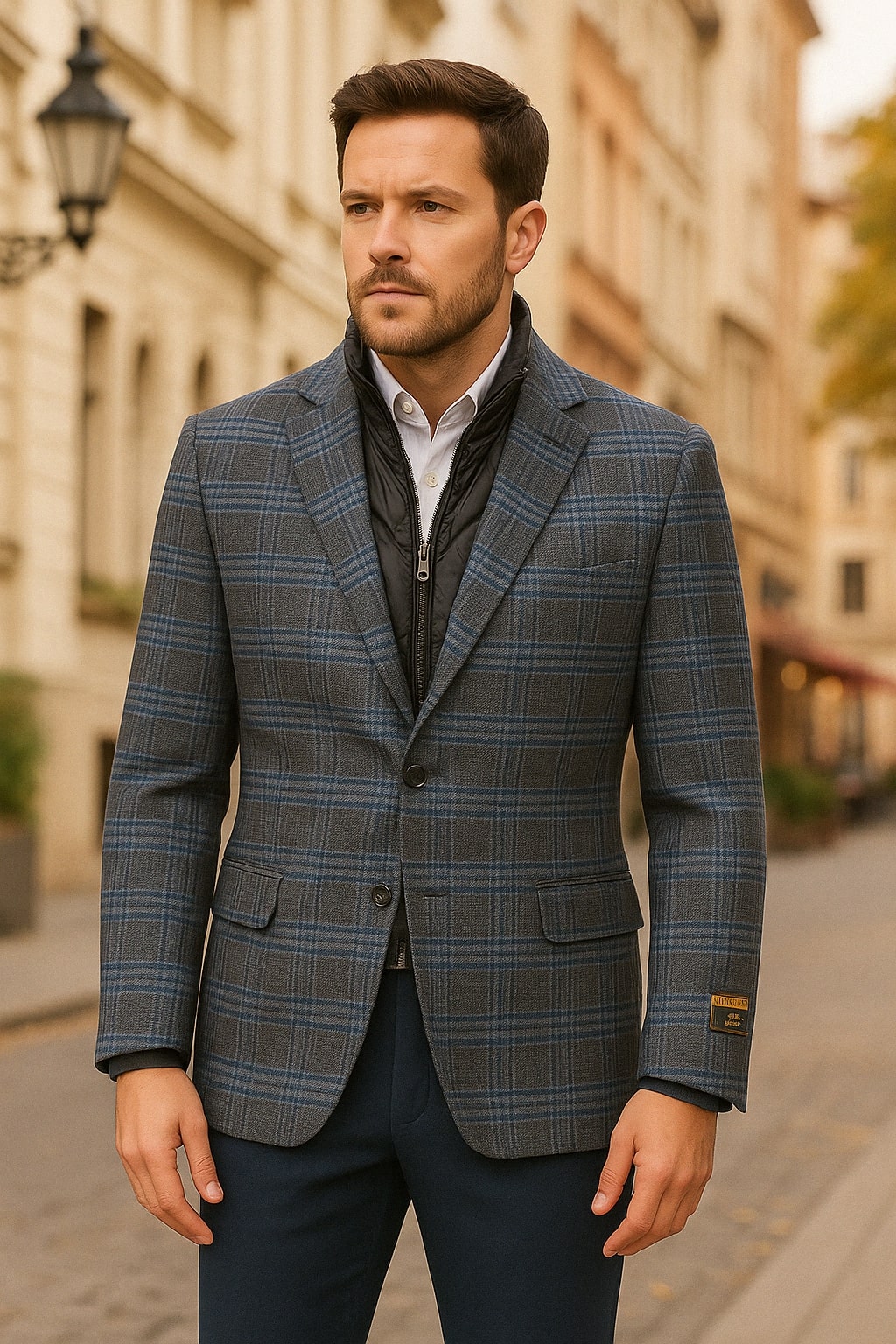 Men’s Blue & Grey Checkered Wool Blazer with Quilted Inner Layer - Alberto Nardoni Collection USA Men's Outlet