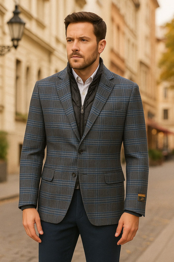 Men’s Blue & Grey Checkered Wool Blazer with Quilted Inner Layer - Alberto Nardoni Collection USA Men's Outlet