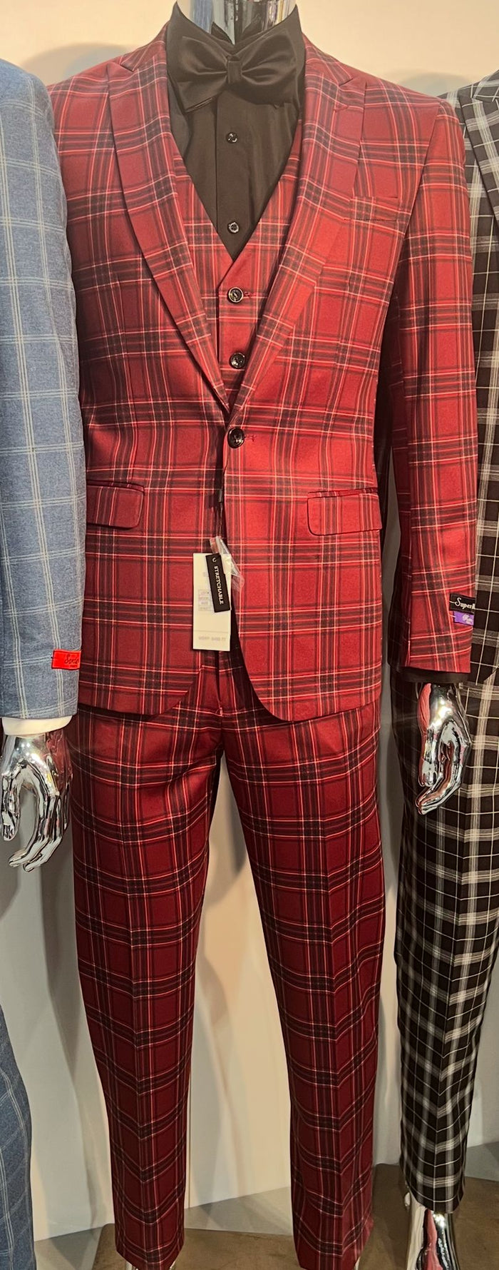 Mens Burgundy Plaid Three-Piece Suit - Ultra Slim Fit Checkered Windowpane Redish 544-10 by USA Men's Outlet