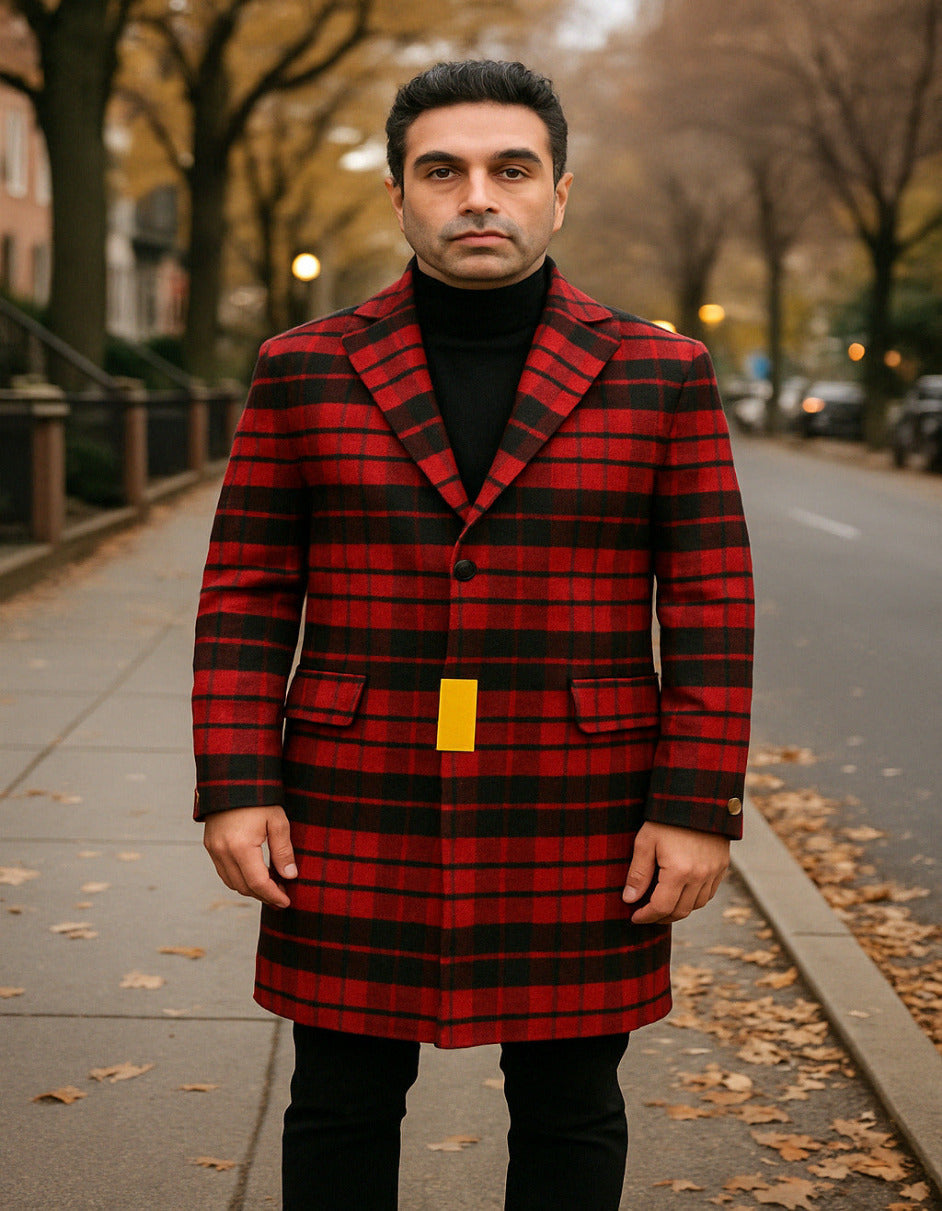 Mens Red and Black Plaid Wool Overcoat - Three Quarter Carcoat - Christmas Coat - Red Peacoat by USA Men's Outlet