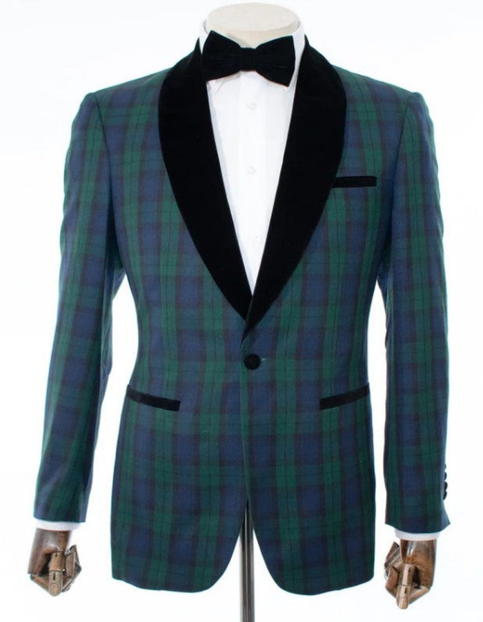Green Tartan Tuxedo Dinner Jacket - Green and Blue Plaid Blazer - Checkered Sportcoat by Menssuitsatlantain