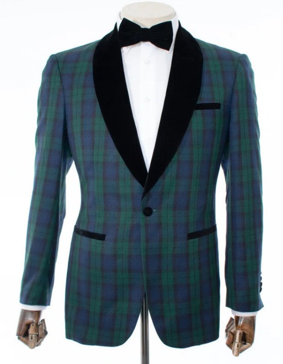 Green Tartan Tuxedo Dinner Jacket - Green and Blue Plaid Blazer - Checkered Sportcoat by Menssuitsatlantain