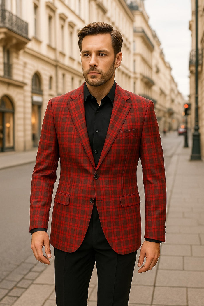 Mens Red Plaid Modern Fit Windowpane Check Blazer - Christmas Holiday Sport Coat Tartan Look USA Men's Outlet