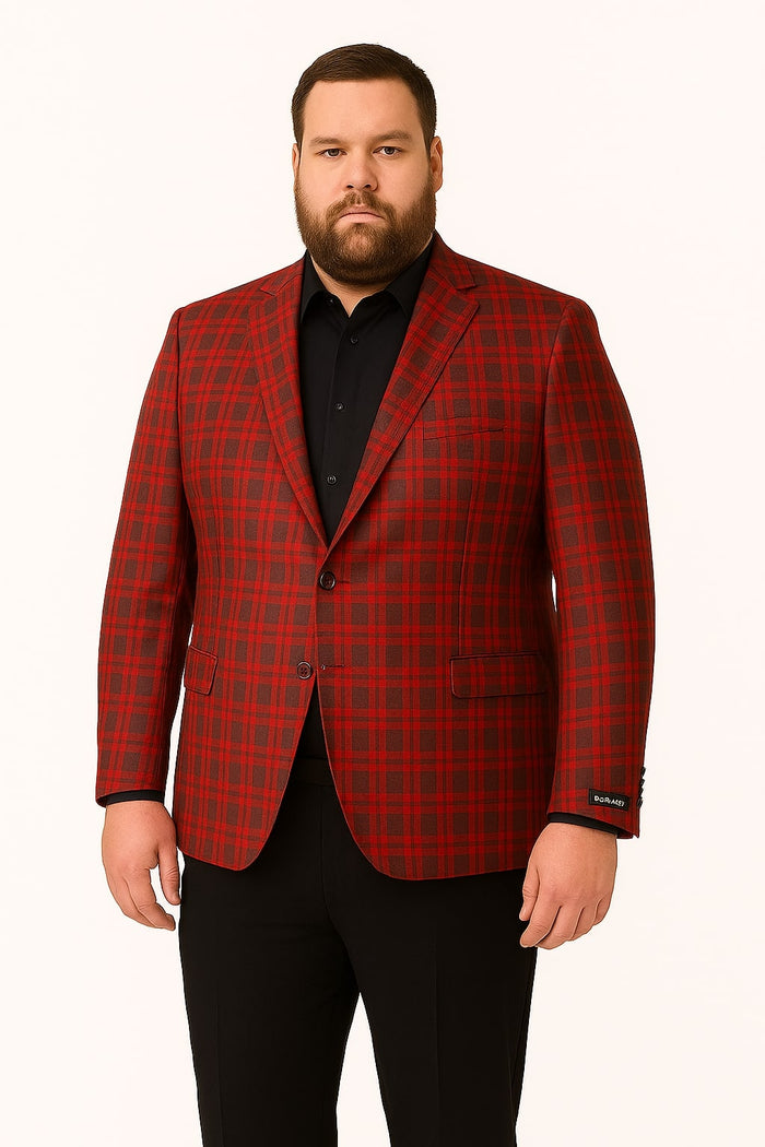 Mens Red Plaid Modern Fit Windowpane Check Blazer - Christmas Holiday Sport Coat Tartan Look USA Men's Outlet