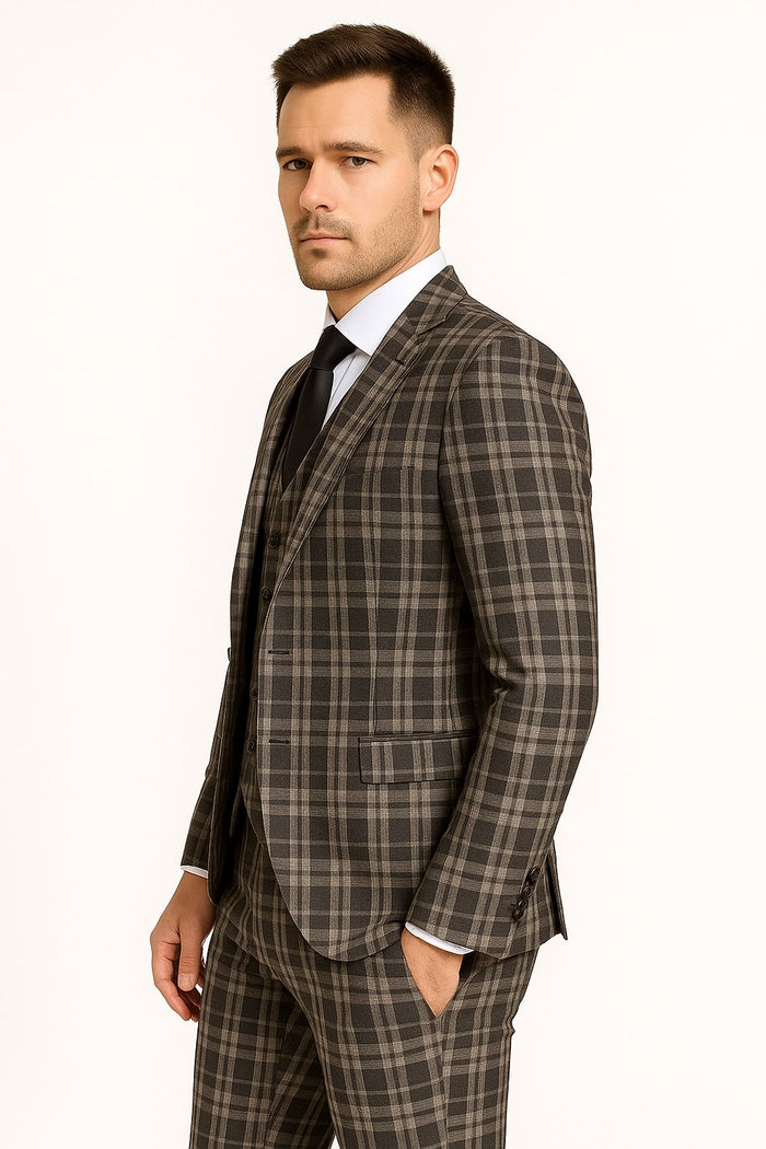 Men's Black and White Plaid Three-Piece Suit - Modern Slim Fit Tuxedo for Church and Business by USA Men's Outlet