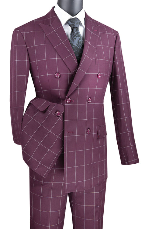 Mens Double Breasted Burgundy Suit in Bold Windowpane Plaid