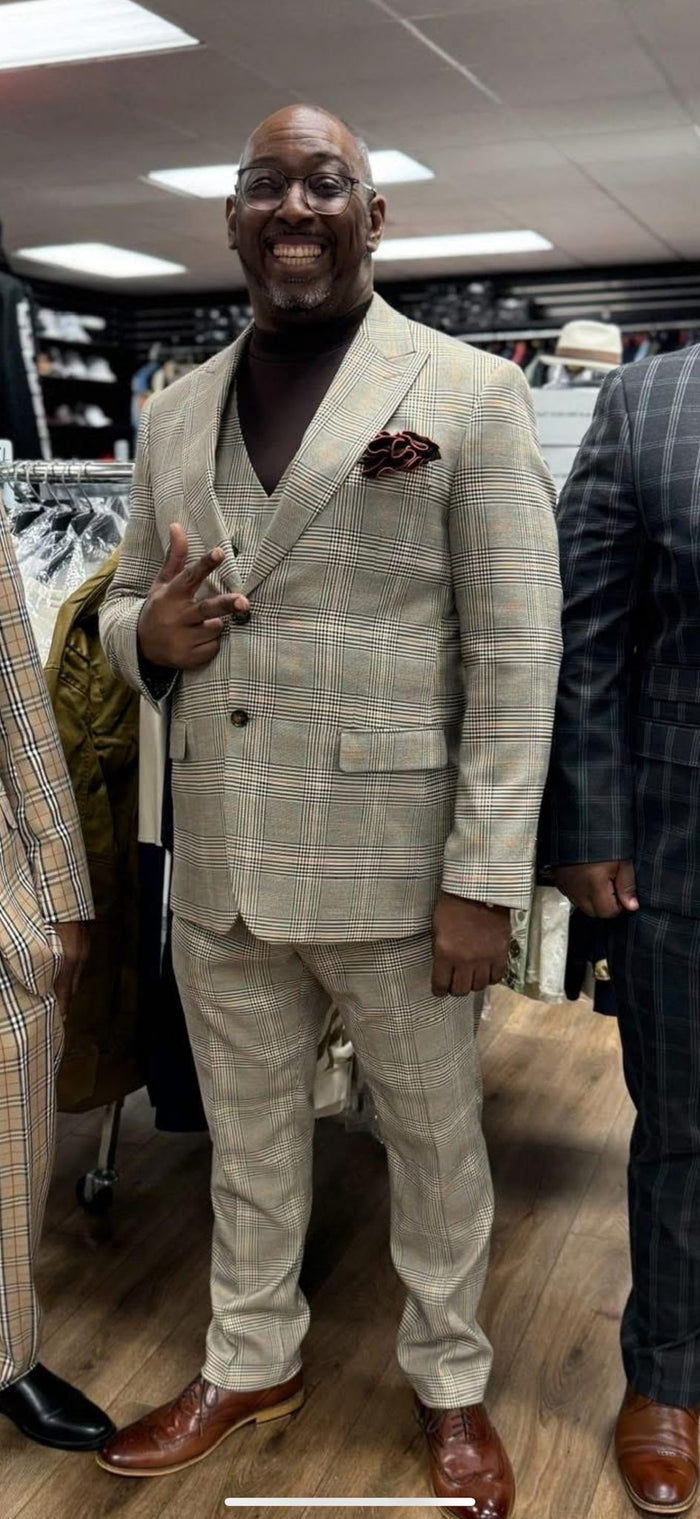 Mens Beige Plaid 3-Piece Suit - Classic Checkered Suit for Weddings, Church Vested Checkered Pattern by USA Men's Outlet