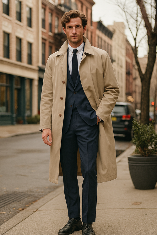 Mens Beige Trench Coat - Classic Long Overcoat with Button Front - Raincoat in Khaki Color by USA Men's Outlet