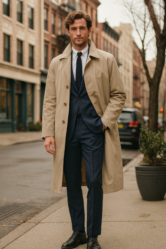 Mens Beige Trench Coat - Classic Long Overcoat with Button Front - Raincoat in Khaki Color by USA Men's Outlet