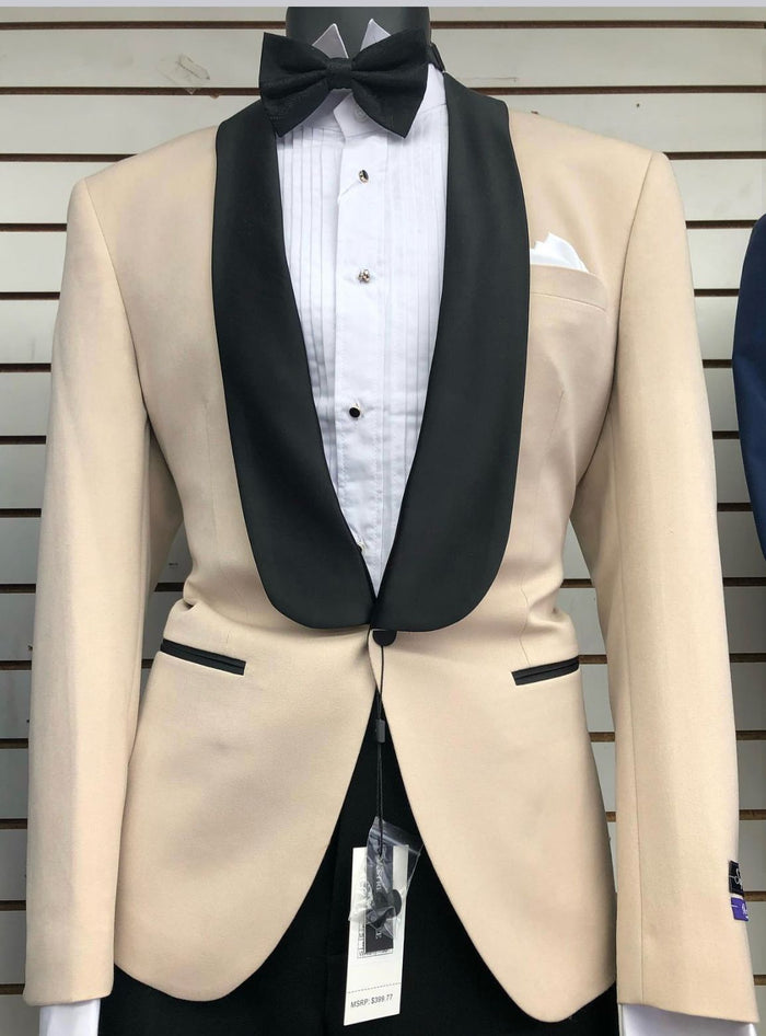 Mens Champagne Light Tan Tuxedo Jacket with Black Shawl Lapel - Classic One-Button Formal Dinner Jacket - Nude Color by USA Men's Outlet