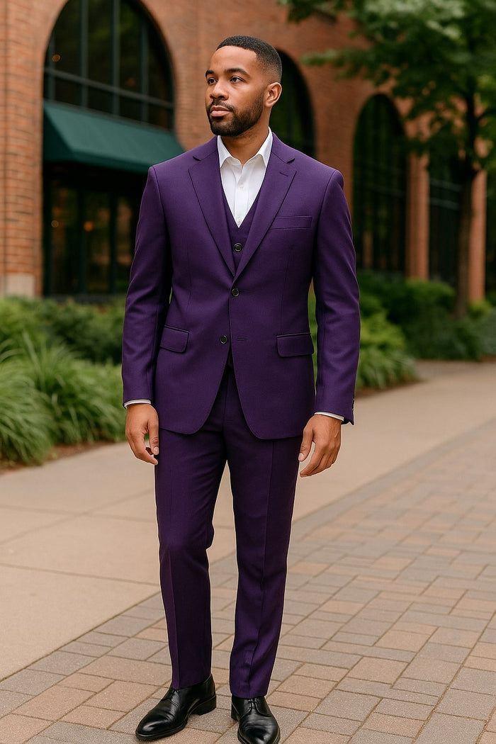 Mens Classic Three-Piece Purple Suit - Formal Slim Fit Tuxedo Set with Vest by USA Men's Outlet