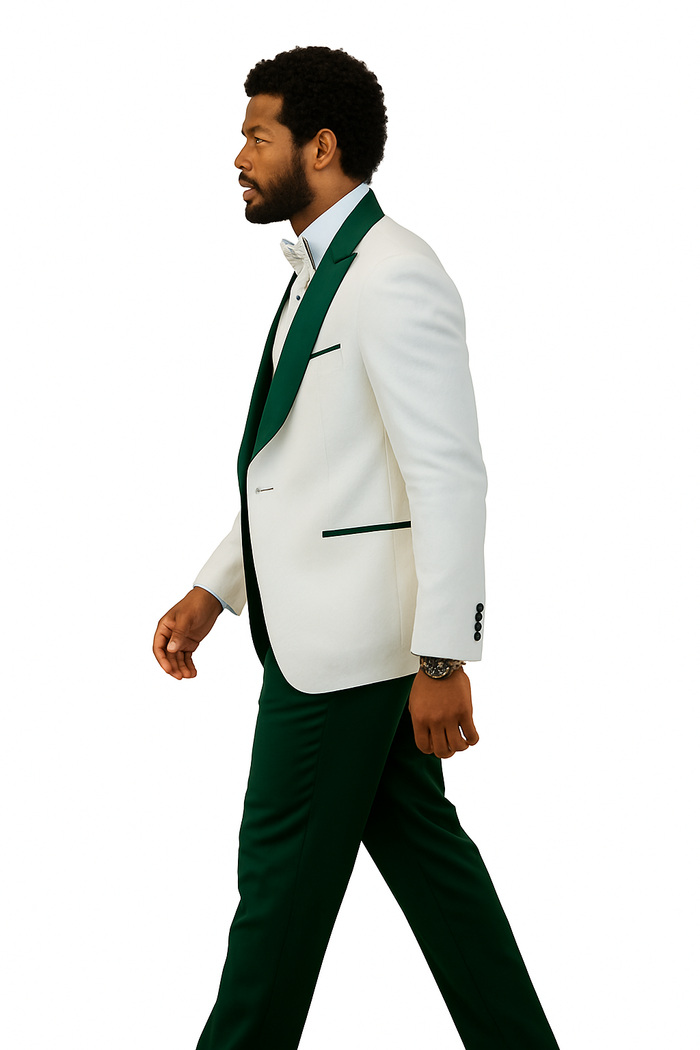 Hilton White and Hunter Green Paisley Peak Lapel Tuxedo Jacket with Matching Shawl Vest and Wool Pants - Includes Bow Tie by USA Men's Outlet
