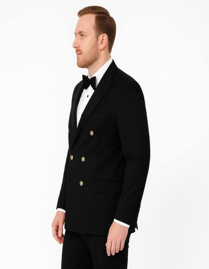 Men’s Black Double-Breasted Tuxedo - Classic Shawl Lapel Suit with Gold Buttons for Weddings, Galas, and Black Tie Events by USA Men's Outlet