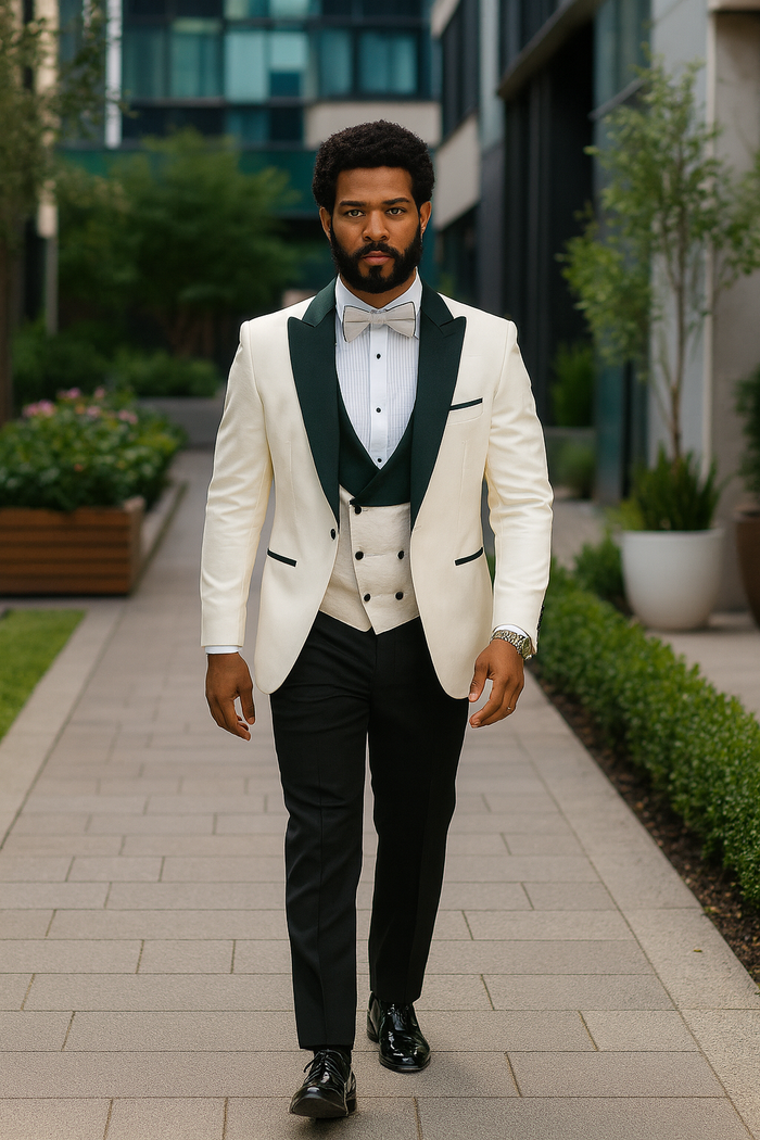 Hilton White and Black Paisley Peak Lapel Tuxedo Jacket with Matching Shawl Vest and Wool Pants - Includes Bow Tie by USA Men's Outlet
