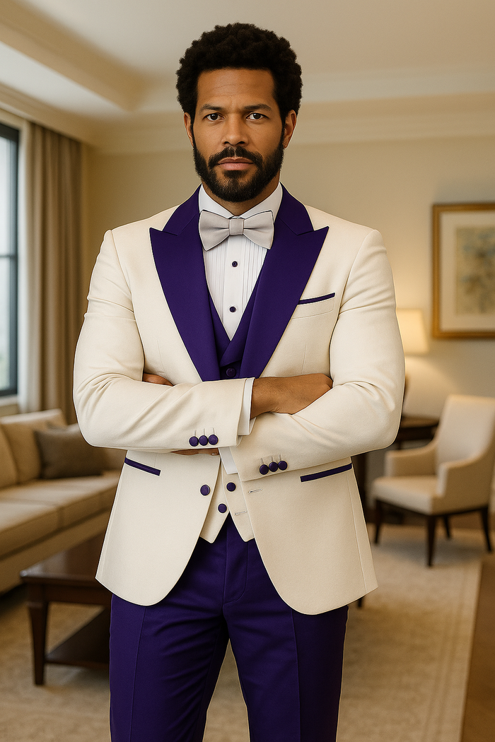 Hilton White and Purple Paisley Peak Lapel Tuxedo Jacket with Matching Shawl Vest and Wool Pants - Includes Bow Tie by USA Men's Outlet