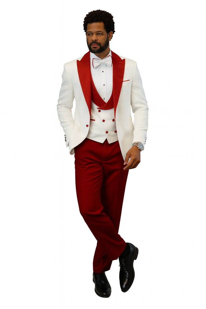 Hilton White and Red Paisley Peak Lapel Tuxedo Jacket with Matching Shawl Vest and Wool Pants - Includes Bow Tie by USA Men's Outlet