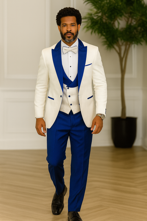 Hilton White and Royal Blue Paisley Peak Lapel Tuxedo Jacket with Matching Shawl Vest and Wool Pants - Includes Bow Tie by USA Men's Outlet