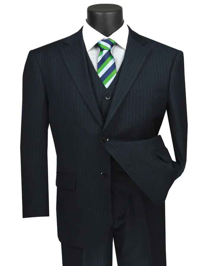 Pleated Dress Men Suits - Mens Classic Fit Vested Banker Pinstripe Navy Blue Suit by Men's Tuxedo USA
