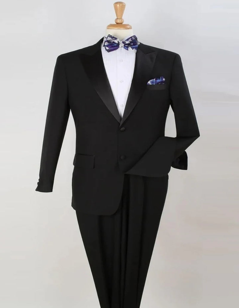 Cheap Tuxedos - Affordable Prom Suit - Mens 2 Button Classic Fit Pleated Pant Peak Lapel Black Tuxedo