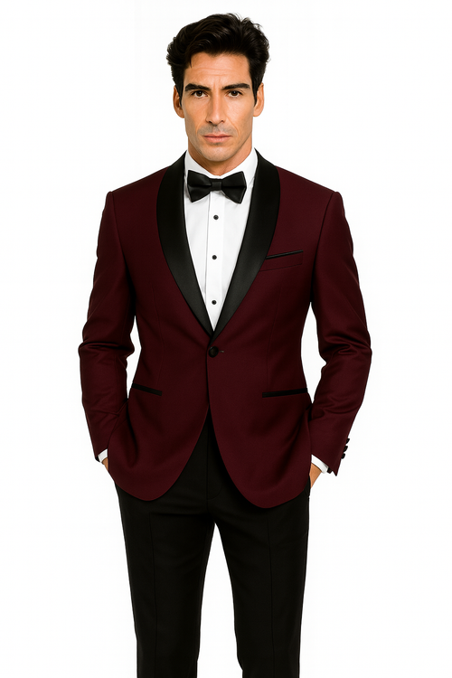 Prom Tuxedo - Wedding Suit - Groom Suit MEN'S BURGUNDY WITH BLACK LAPEL VESTED 100% WOOL TUXEDO