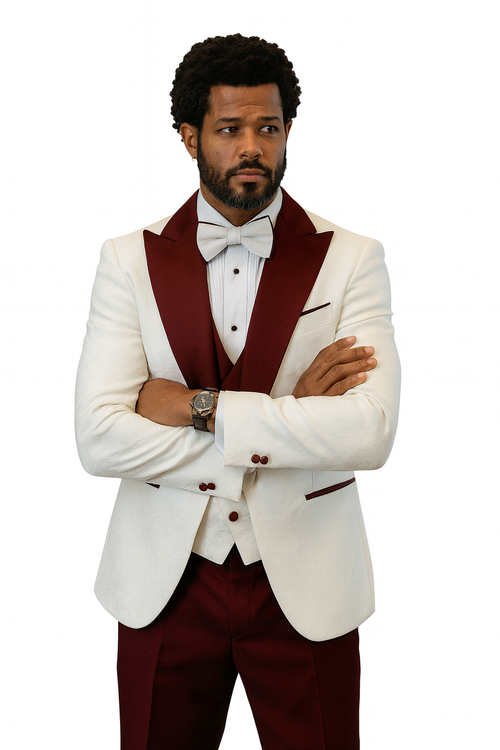 Hilton White and Burgundy Paisley Peak Lapel Tuxedo Jacket with Matching Shawl Vest and Wool Pants - Includes Bow Tie by USA Men's Outlet