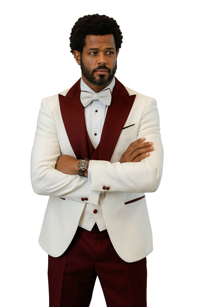 Hilton White and Burgundy Paisley Peak Lapel Tuxedo Jacket with Matching Shawl Vest and Wool Pants - Includes Bow Tie by USA Men's Outlet