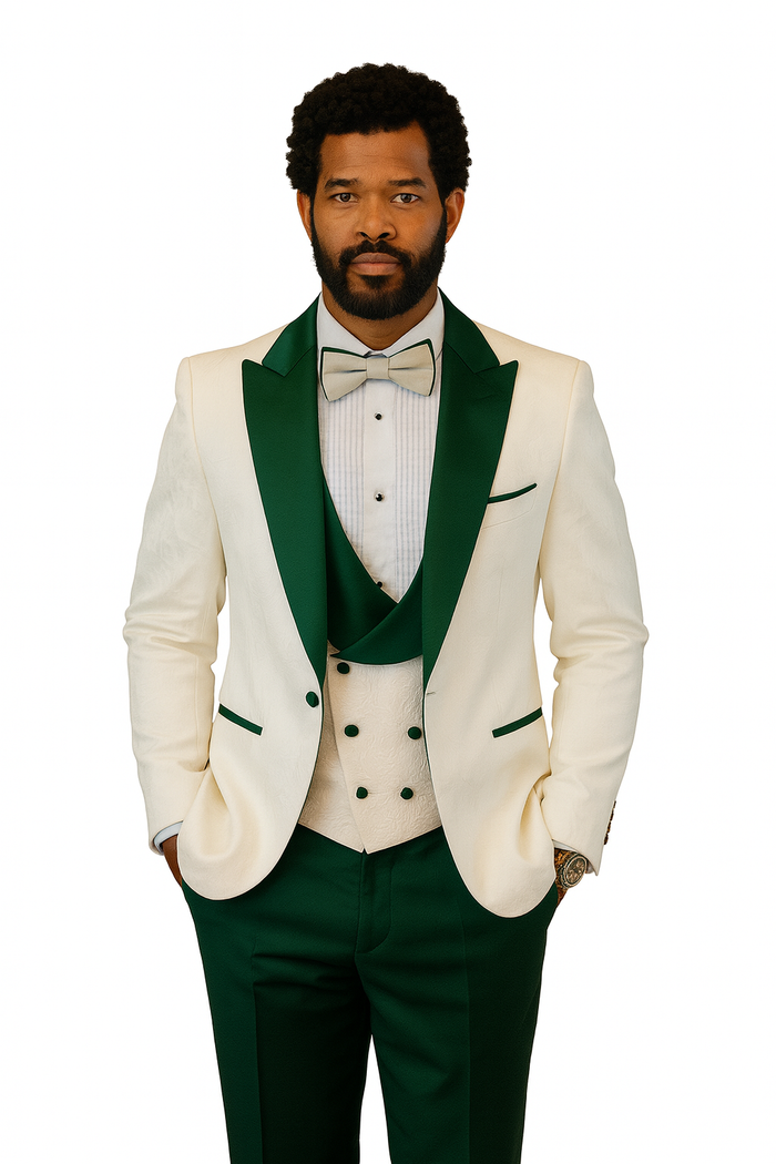 Hilton White and Hunter Green Paisley Peak Lapel Tuxedo Jacket with Matching Shawl Vest and Wool Pants - Includes Bow Tie by USA Men's Outlet