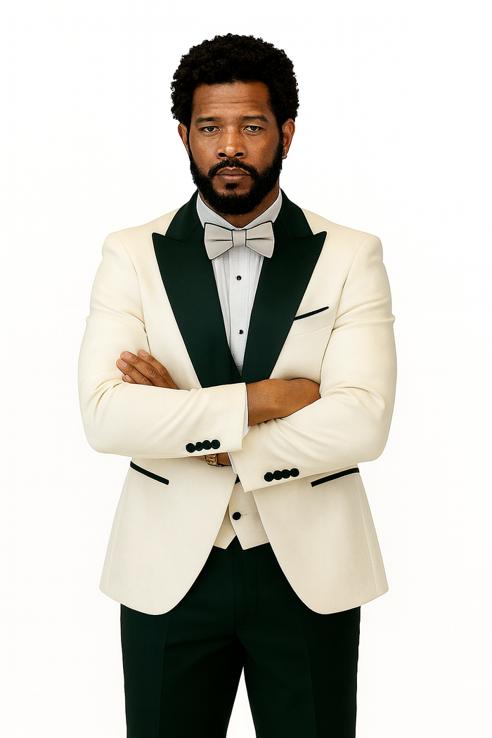 Hilton White and Black Paisley Peak Lapel Tuxedo Jacket with Matching Shawl Vest and Wool Pants - Includes Bow Tie by USA Men's Outlet