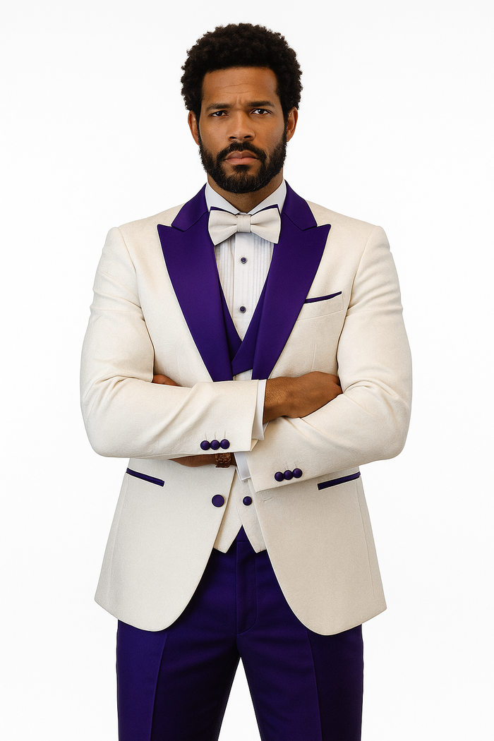 Hilton White and Purple Paisley Peak Lapel Tuxedo Jacket with Matching Shawl Vest and Wool Pants - Includes Bow Tie by USA Men's Outlet