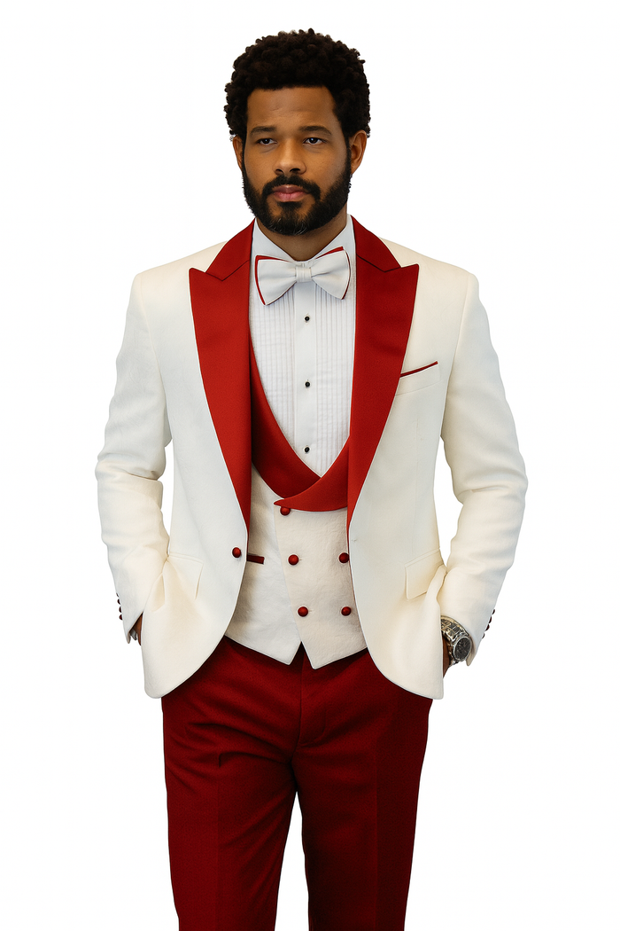 Hilton White and Red Paisley Peak Lapel Tuxedo Jacket with Matching Shawl Vest and Wool Pants - Includes Bow Tie by USA Men's Outlet
