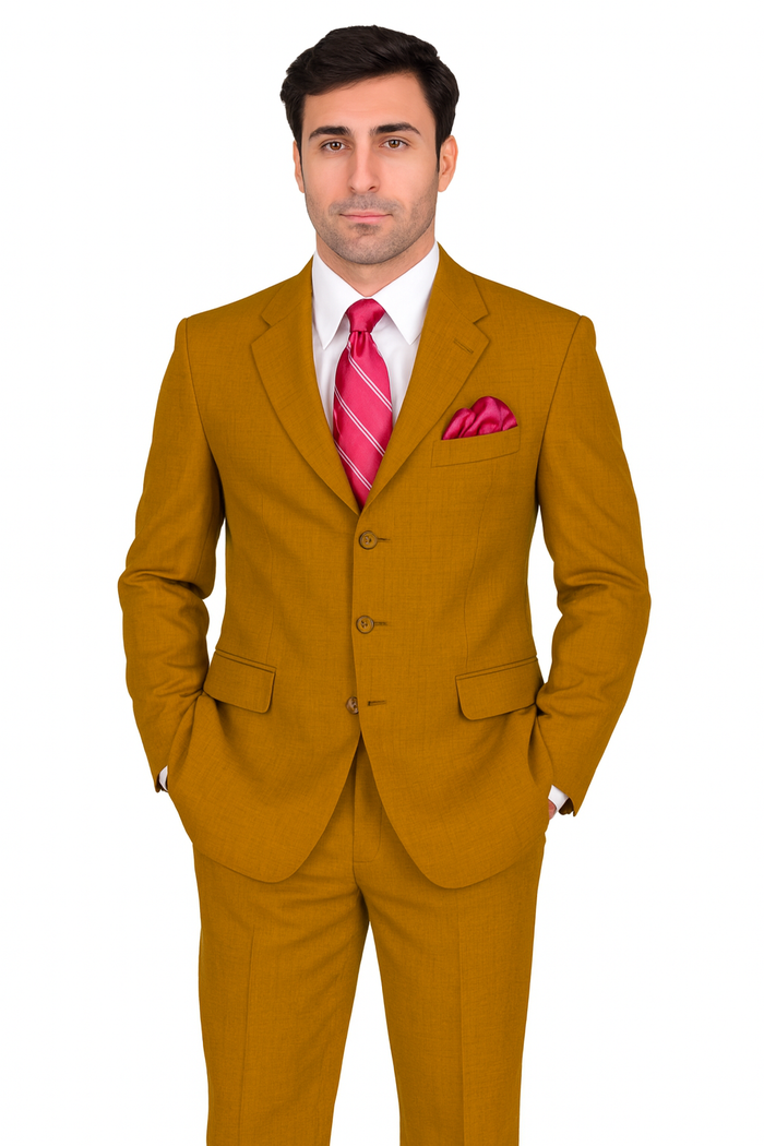 Mens 3 Button Classic Fit Poplin Suit in Tan by Fortino Landiin