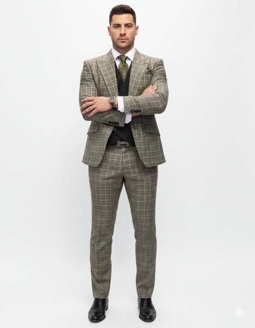 Statement Suits - Wool Suits - Peak Lapel Suits - Ticket Pocket - Modern Fit - Olive Suit by Men's Tuxedo USA