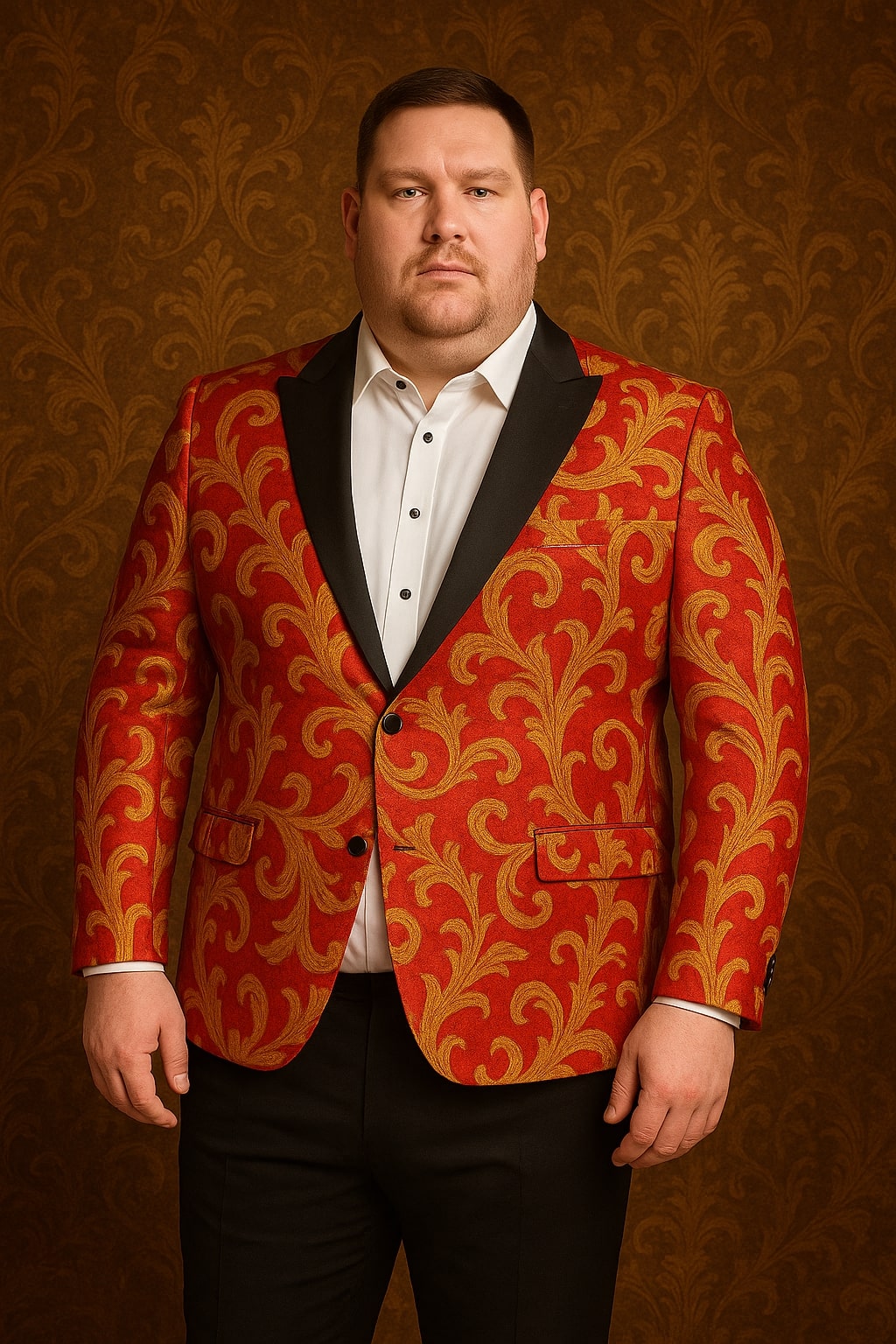 Men's Red and Gold Baroque Tuxedo Jacket with Black Satin Shawl Lapel